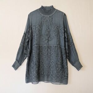 Soft Surroundings Silk Embroidered Tunic Top Gossamer Blue Smocked Mock Neck PL
